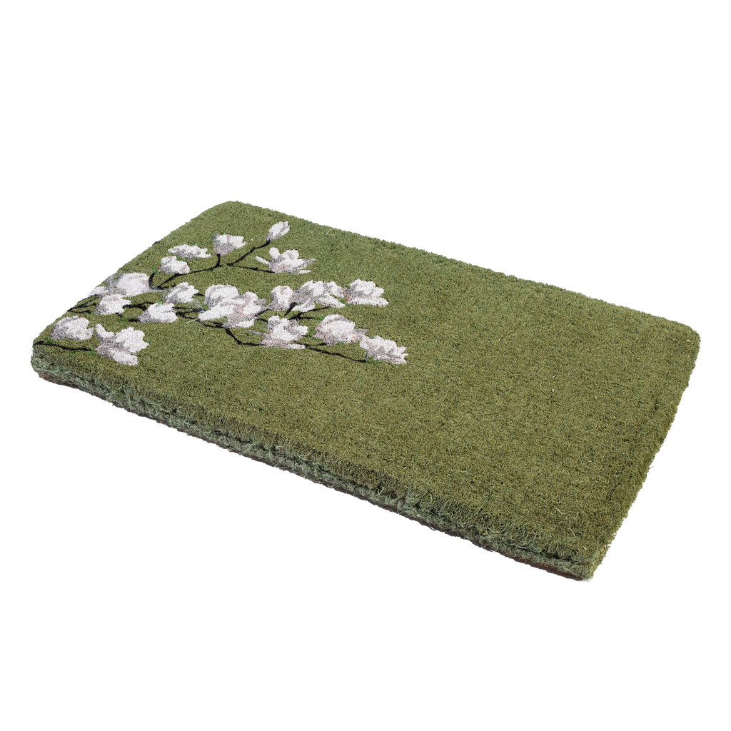 Magnolia Branch Green Floral Coir Doormat