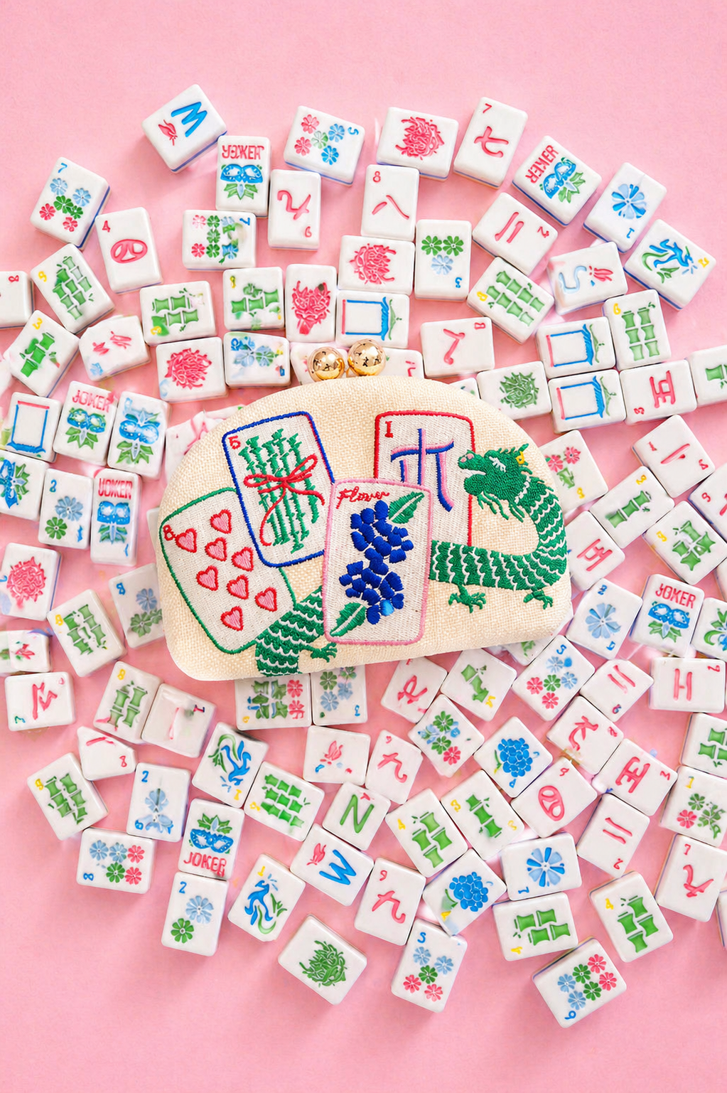 Mahjong Embroidered Clutch with Crossbody Chain