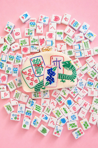 Mahjong Embroidered Clutch with Crossbody Chain