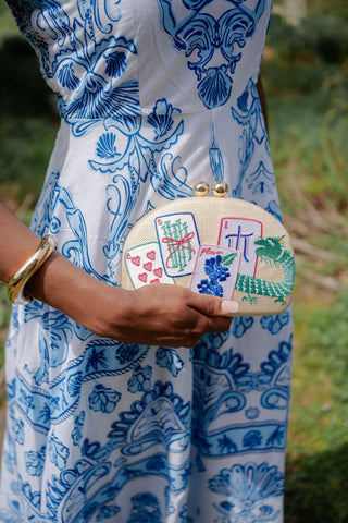 Mahjong Embroidered Clutch with Crossbody Chain