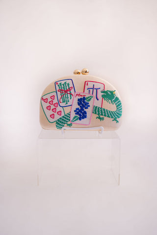 Mahjong Embroidered Clutch with Crossbody Chain