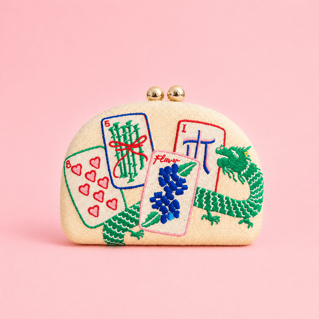 Mahjong Embroidered Clutch with Crossbody Chain