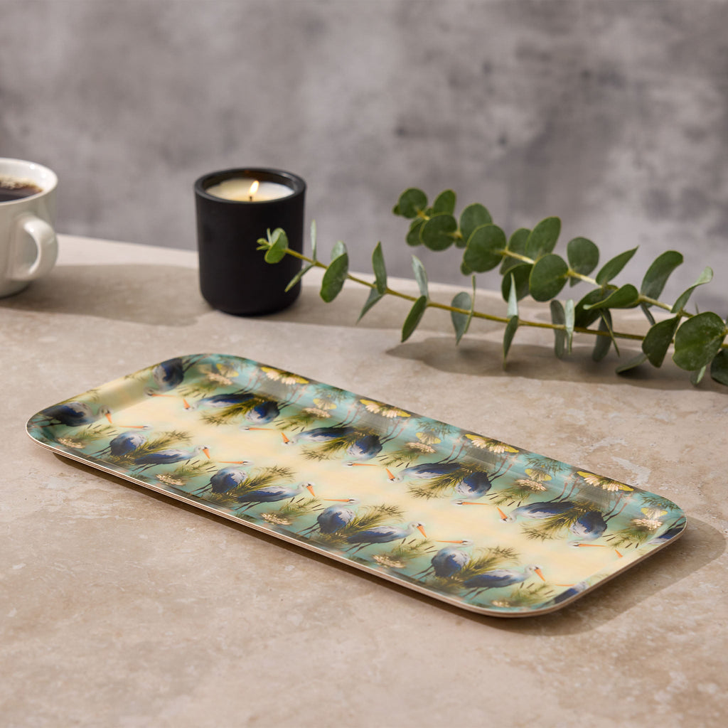 Great Blue Stork Narrow Birchwood Small Decorative Tray