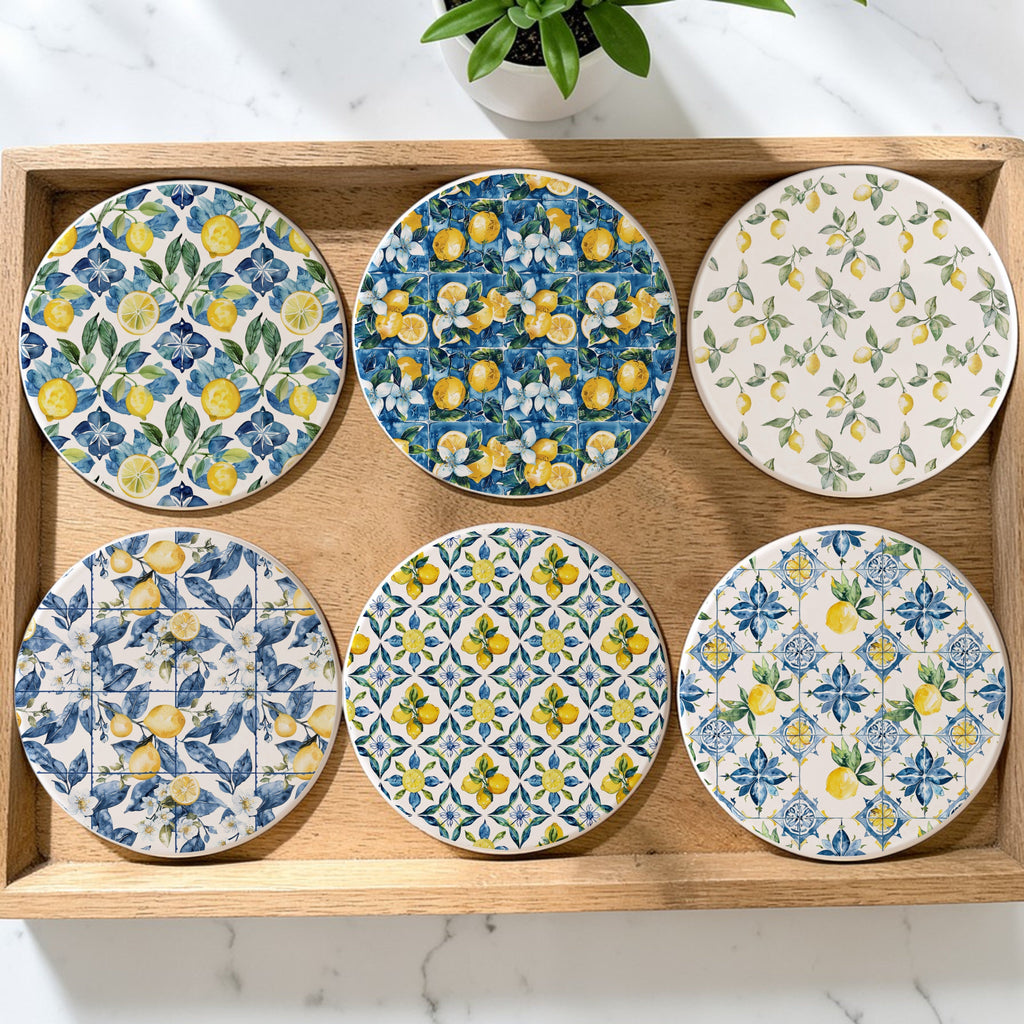 Mediterranean Lemon Ceramic Coasters – Blue Tile & Citrus Designs (4
