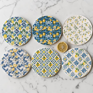 Mediterranean Lemon Ceramic Coasters – Blue Tile & Citrus Designs (4