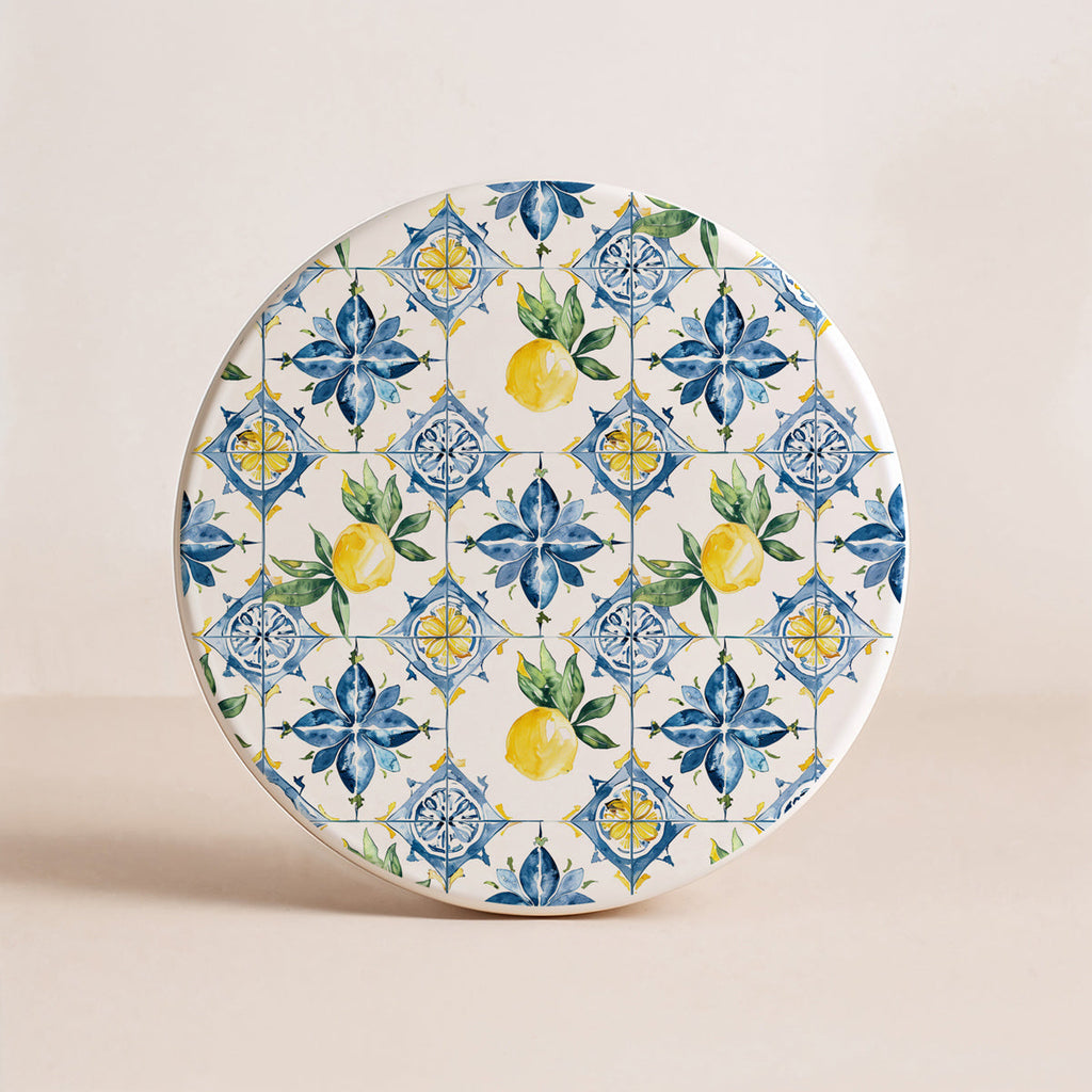 Mediterranean Lemon Ceramic Coasters – Blue Tile & Citrus Designs (4