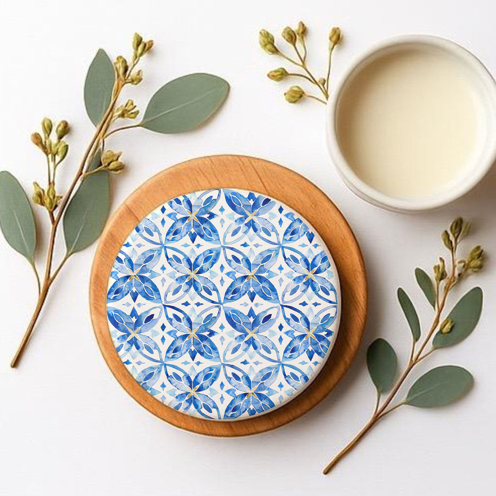 Mediterranean Lemon Ceramic Coasters – Blue Tile & Citrus Designs (4