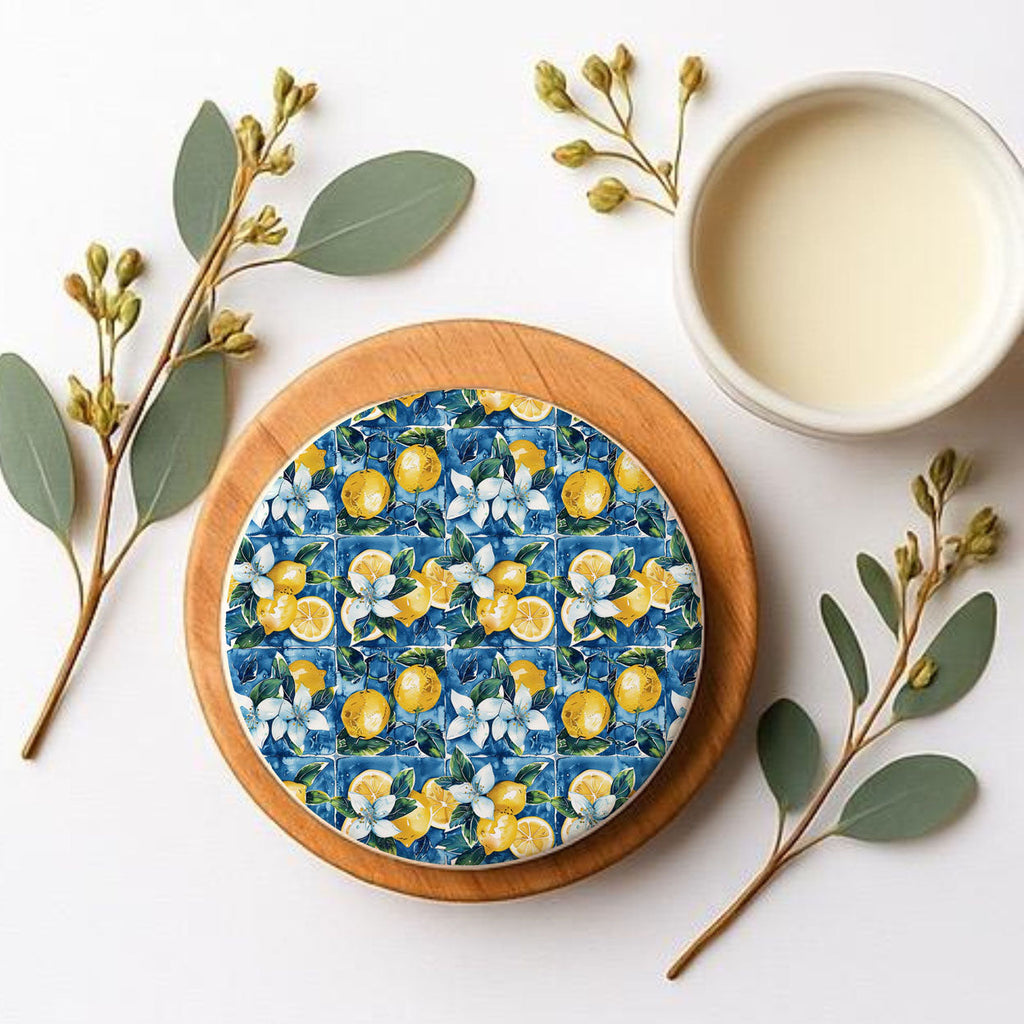 Mediterranean Lemon Ceramic Coasters – Blue Tile & Citrus Designs (4