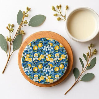 Mediterranean Lemon Ceramic Coasters – Blue Tile & Citrus Designs (4