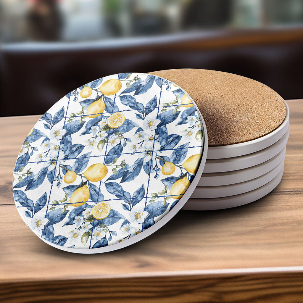 Mediterranean Lemon Ceramic Coasters – Blue Tile & Citrus Designs (4