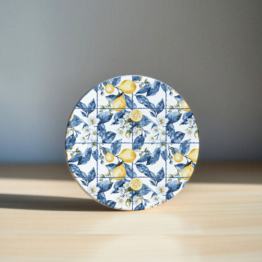 Mediterranean Lemon Ceramic Coasters – Blue Tile & Citrus Designs (4