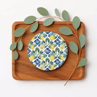 Mediterranean Lemon Ceramic Coasters – Blue Tile & Citrus Designs (4