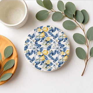 Mediterranean Lemon Ceramic Coasters – Blue Tile & Citrus Designs (4