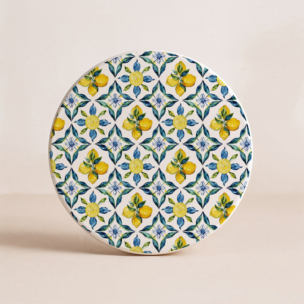 Mediterranean Lemon Ceramic Coasters – Blue Tile & Citrus Designs (4