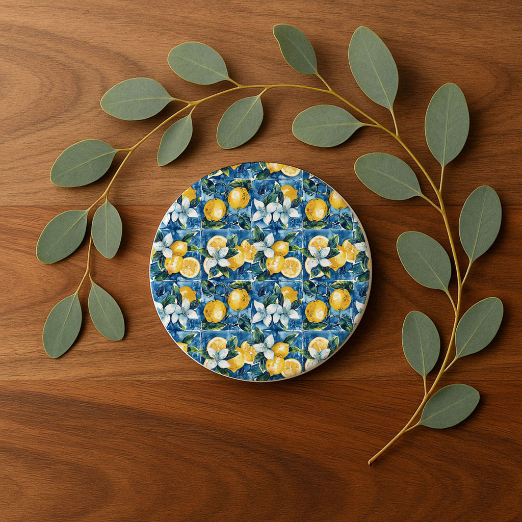 Mediterranean Lemon Ceramic Coasters – Blue Tile & Citrus Designs (4