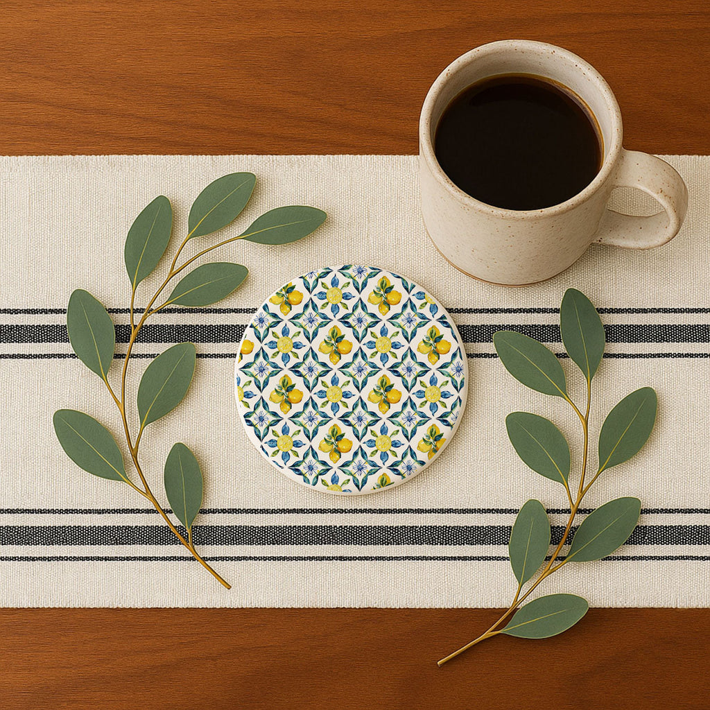 Mediterranean Lemon Ceramic Coasters – Blue Tile & Citrus Designs (4