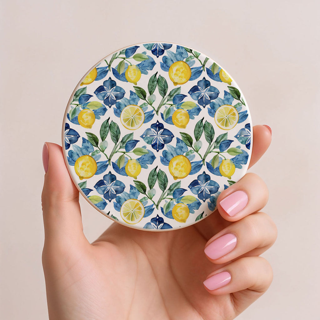 Mediterranean Lemon Ceramic Coasters – Blue Tile & Citrus Designs (4