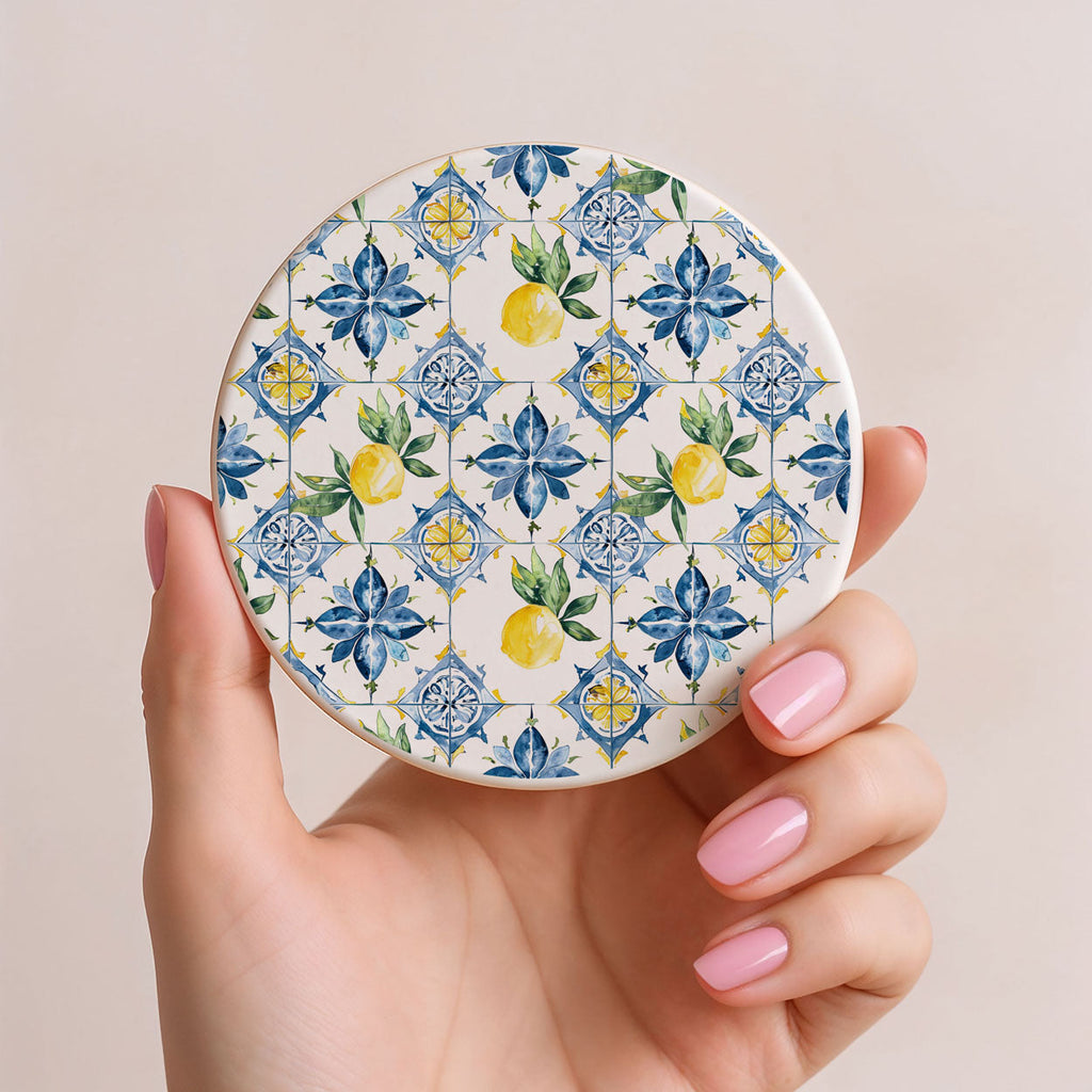 Mediterranean Lemon Ceramic Coasters – Blue Tile & Citrus Designs (4