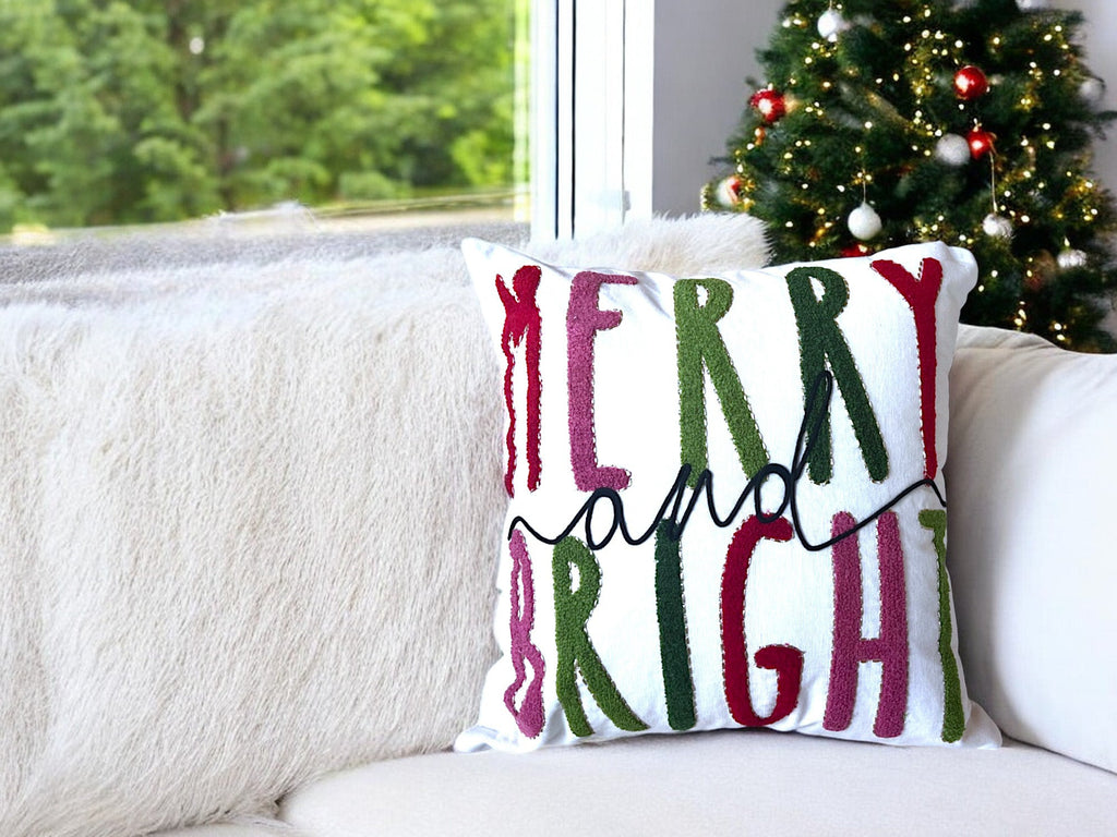 Merry and Bright Embroidered Christmas Pillow – Holiday Collection