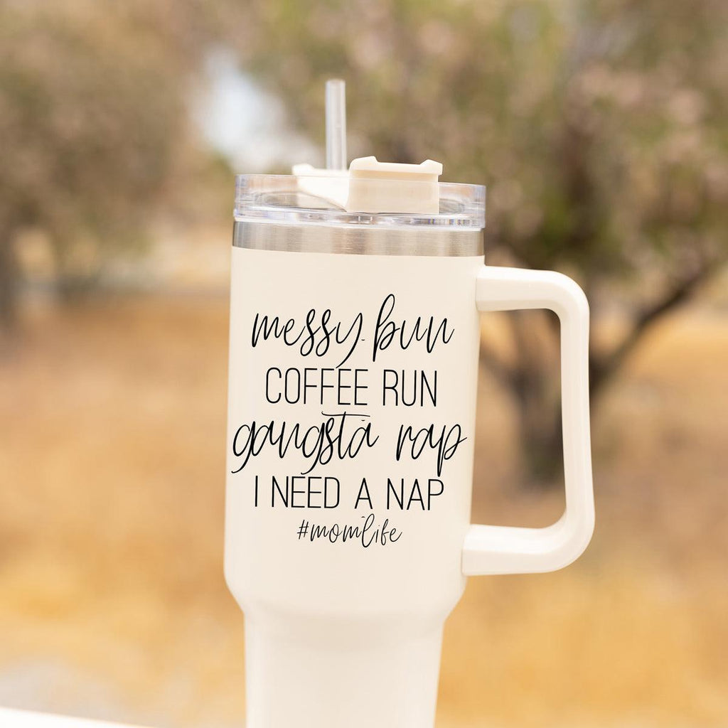 Messy Bun Coffee Run #MomLife Insulated Tumbler – 40oz Travel Mug with Handle & Straw