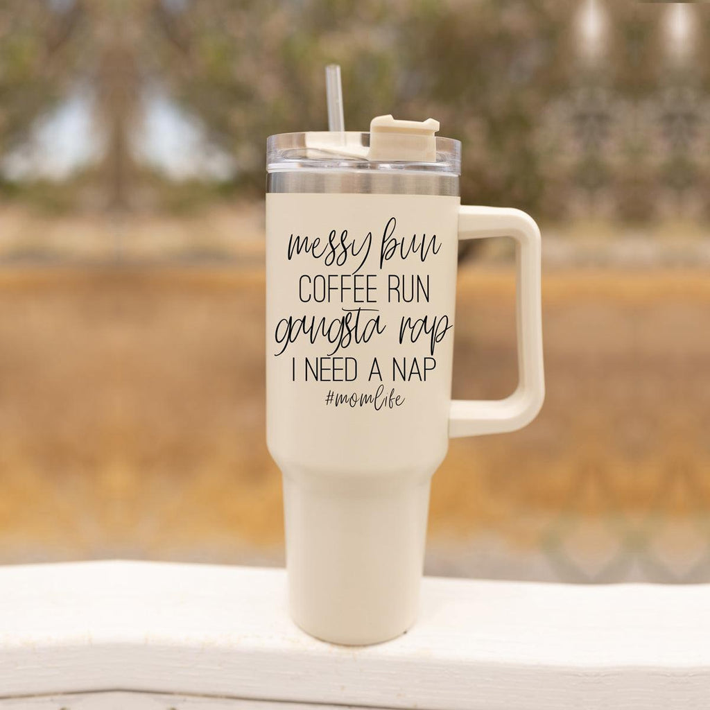 Messy Bun Coffee Run #MomLife Insulated Tumbler – 40oz Travel Mug with Handle & Straw