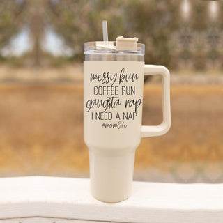 Messy Bun Coffee Run #MomLife Insulated Tumbler – 40oz Travel Mug with Handle & Straw