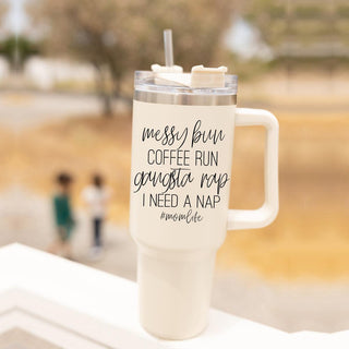 Messy Bun Coffee Run #MomLife Insulated Tumbler – 40oz Travel Mug with Handle & Straw