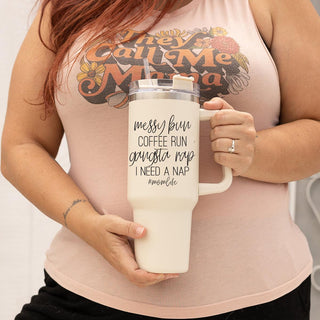Messy Bun Coffee Run #MomLife Insulated Tumbler – 40oz Travel Mug with Handle & Straw