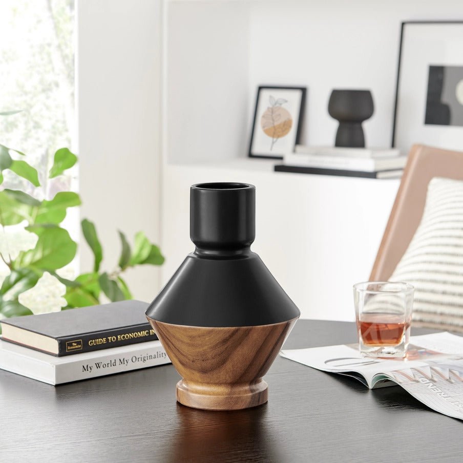 Milo Diamant Reverse Hourglass Two Tone Vase Black and Walnut - Anara Lifestyle