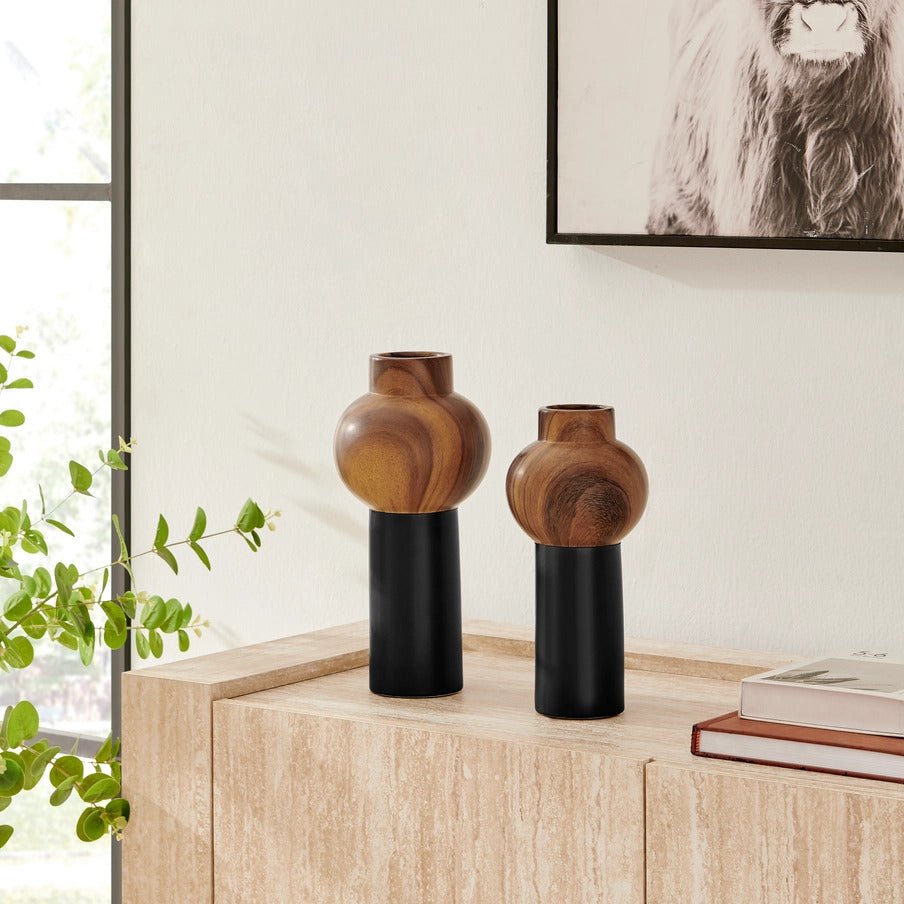 Milo Slickpin Two Tone Tabletop Vases Black Walnut Set of 2 - Anara Lifestyle