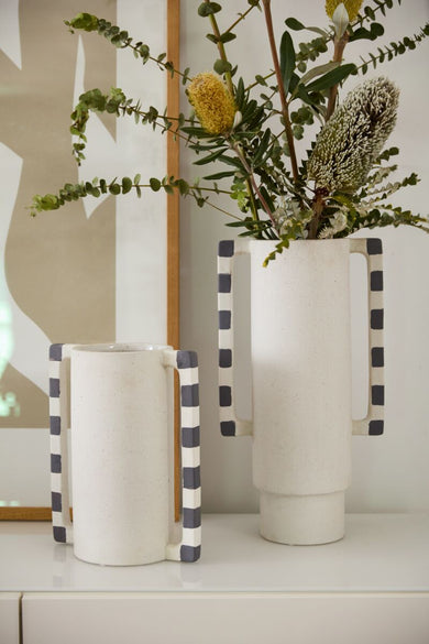 Milos Vase: Sculptural Stoneware with Bold Black & White Handles - Anara Lifestyle