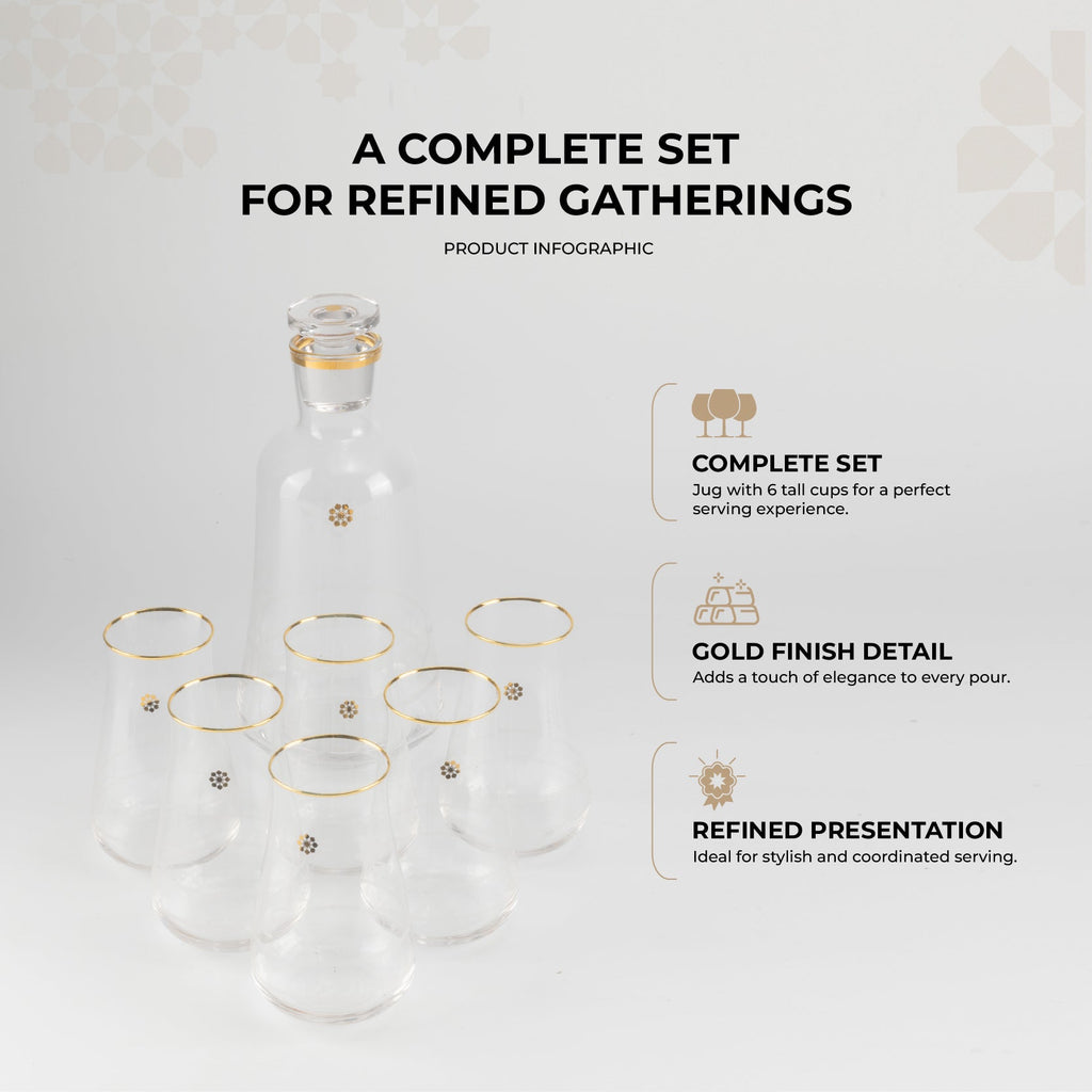 Mirral- Jug with 6 Tall glass cups - Gold