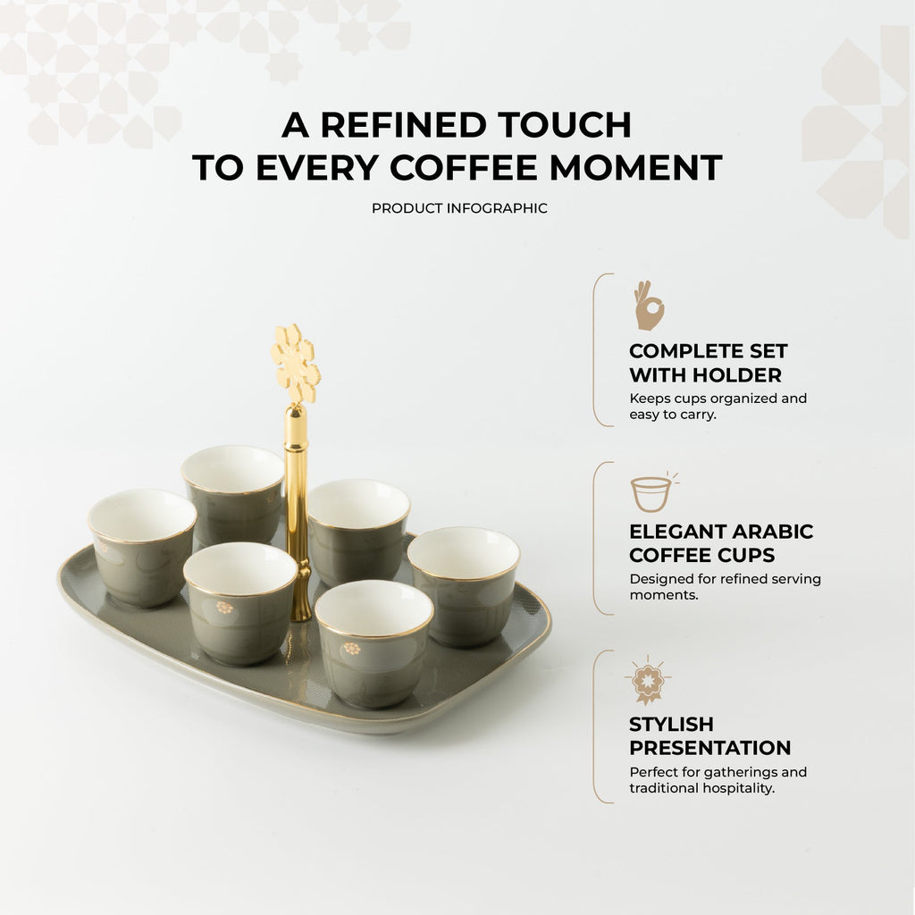 Mirral - Arabic Coffee Cups With Holder - Grey & Gold