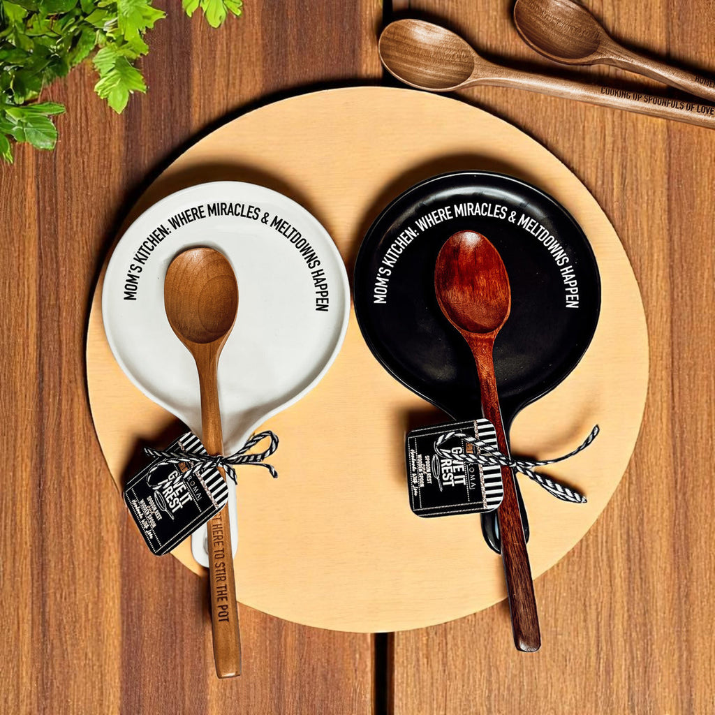 Funny Mom Spoon Rest with Wooden Spoon – Porcelain Kitchen Spoon Holder Gift for Moms