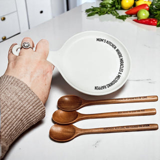 Funny Mom Spoon Rest with Wooden Spoon – Porcelain Kitchen Spoon Holder Gift for Moms