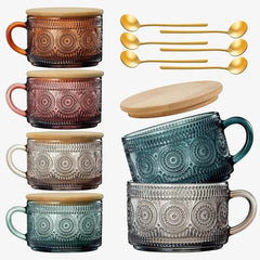 Muted Colored Vintage Glass Coffee Mug Set Comes with Cover and Gold Teaspoons - Anara Lifestyle