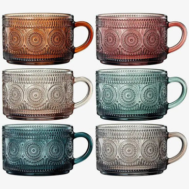 Muted Colored Vintage Glass Coffee Mug Set Comes with Cover and Gold Teaspoons - Anara Lifestyle