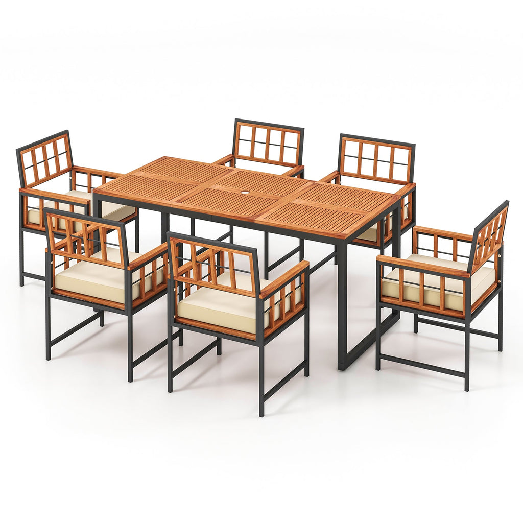 7-Piece Acacia Wood Patio Dining Set with Cushions and Umbrella Hole