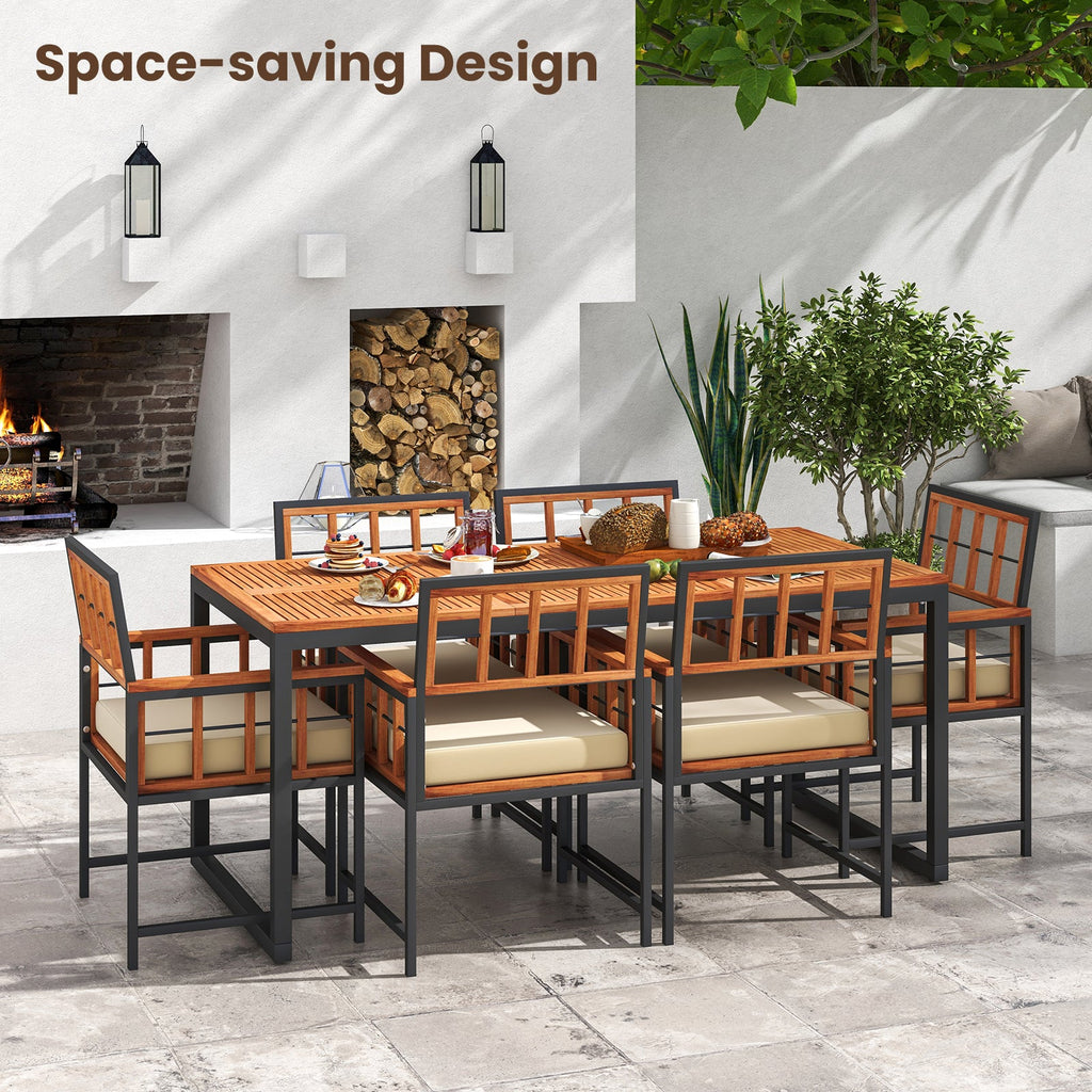 7-Piece Acacia Wood Patio Dining Set with Cushions and Umbrella Hole