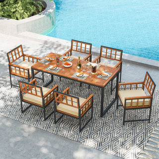 7-Piece Acacia Wood Patio Dining Set with Cushions and Umbrella Hole