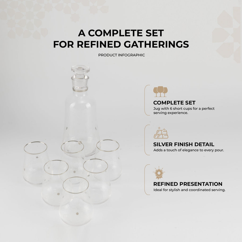 Nourhan - Jug with 6 Short glass cups - Silver