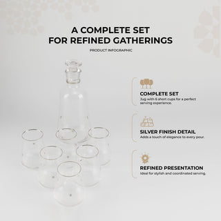 Nourhan - Jug with 6 Short glass cups - Silver