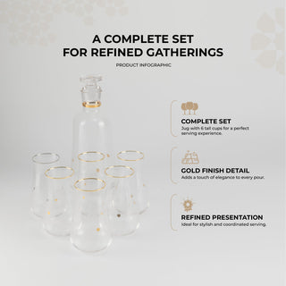 Nourhan - Jug with 6 Tall glass cups - Gold