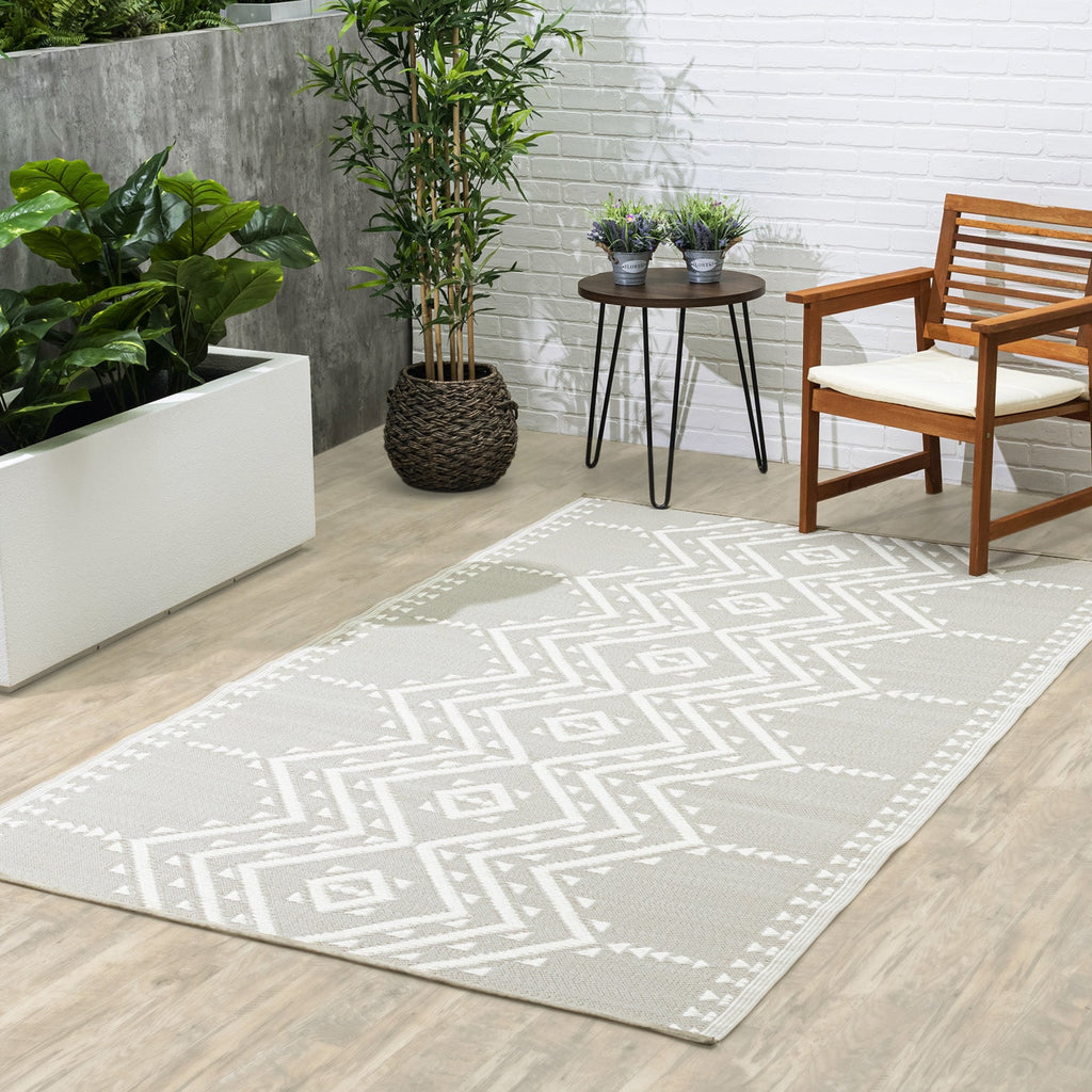 Ojai Beige Aztec Reversible Outdoor Patio Rug