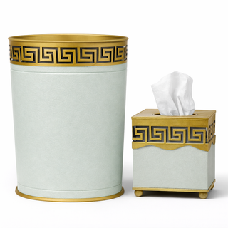 Soft Green Greek Key Wastepaper Basket & Tissue (3 Options) | Classic Bath Décor