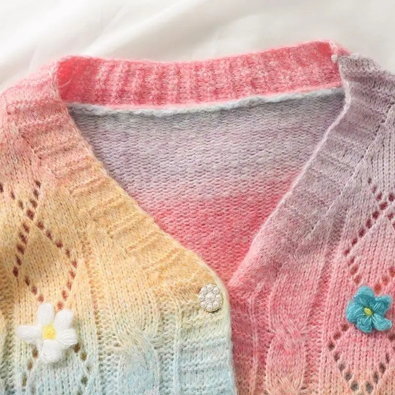 Pastel Rainbow Knit Cardigan Sweater with Girly Hippie Vibes