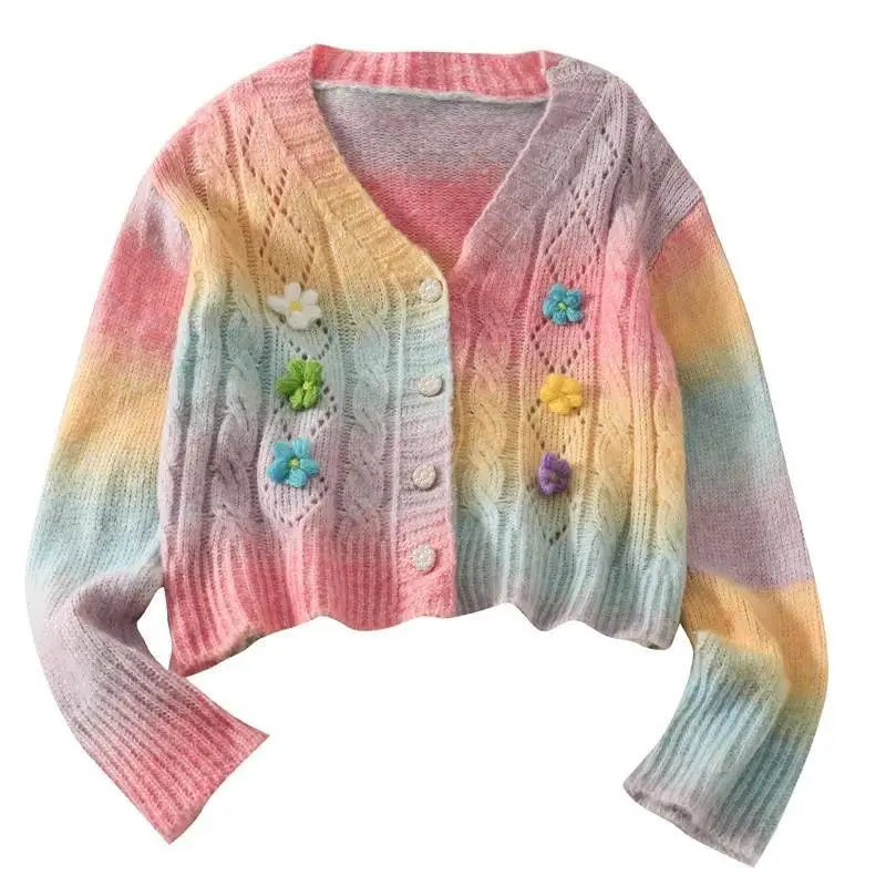 Pastel Rainbow Knit Cardigan Sweater with Girly Hippie Vibes