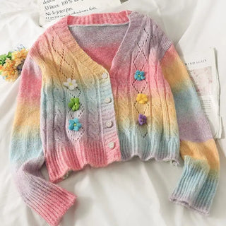 Pastel Rainbow Knit Cardigan Sweater with Girly Hippie Vibes