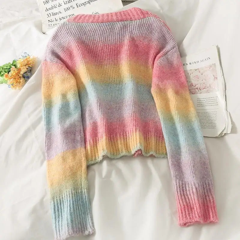 Pastel Rainbow Knit Cardigan Sweater with Girly Hippie Vibes