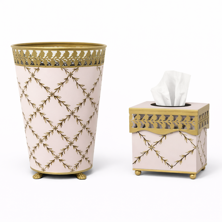 Pink Pierced Gold Leaf Wastepaper Basket & Tissue (3 Options) | Elegant Bath Décor
